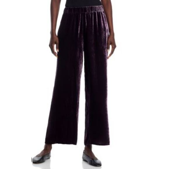 Eileen Fisher Crushed Velvet Wide Leg Pant Purple Silk Blend Petite Large Hemmed - Picture 1 of 10